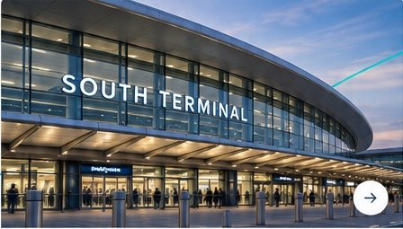 Airport terminal exterior at dusk